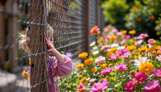A child presses a hand to the fence, imagining running through the flowers without barriers. photo