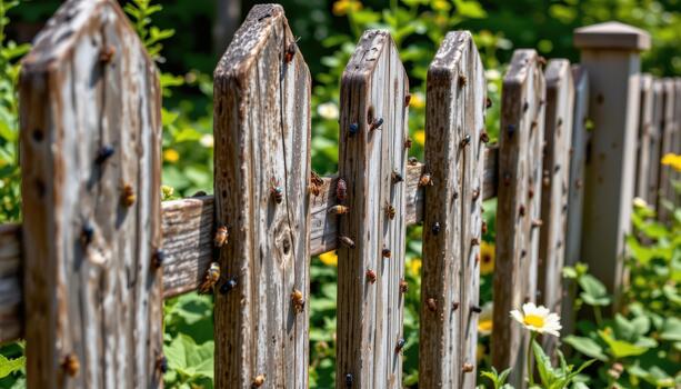 The fence hums with life as insects traverse its posts, connecting the outside world with the vibrant inside. photo