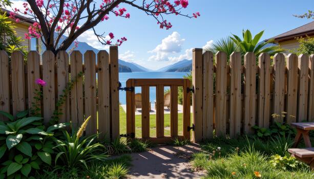 A small wooden gate interrupts the fence, teasing visitors with a glimpse of the paradise inside. photo