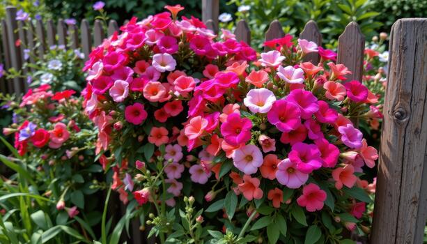 The fence stands strong against the elements, a guardian of the colorful, fragrant beauty within. photo