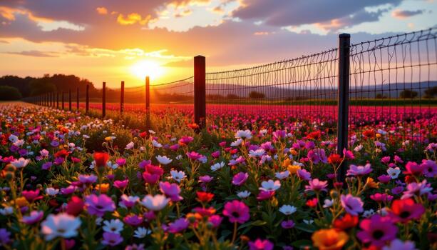Evening shadows stretch across the fence, turning the flower field into a magical landscape of light and color. photo