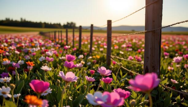 Sunlight catches petals and fence posts alike, illuminating the flower field like a scene from a dream. photo