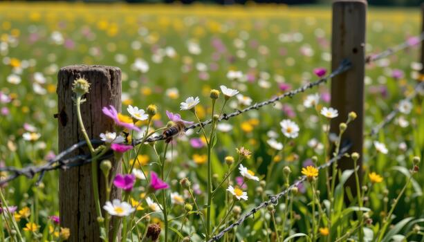 The fence is dotted with tiny wildflowers that escape through gaps, blending with the beauty inside the field. photo