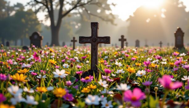 A cross emerges from a field of wildflowers in an old cemetery, morning dew sparkling on petals, creating a scene of calm beauty. photo