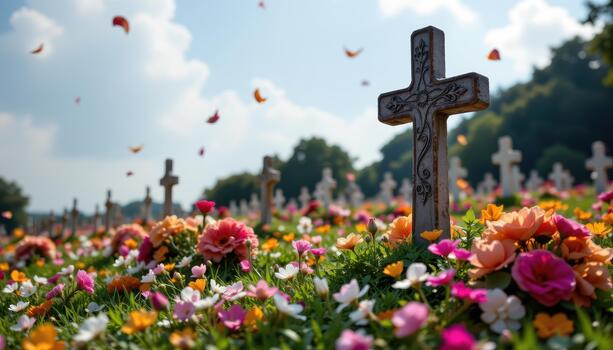 A cemetery cross rises above vibrant flowers, petals scattered by the wind, creating a scene of peaceful solitude and reflection. photo