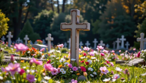 A tall cross stands quietly in a cemetery, surrounded by flowers swaying gently, with soft sunlight illuminating the scene. photo