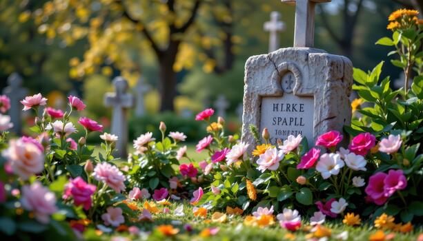 Flowers surround a stone cross in a tranquil cemetery, the soft rustle of leaves and petals creating a calming atmosphere of peace. photo