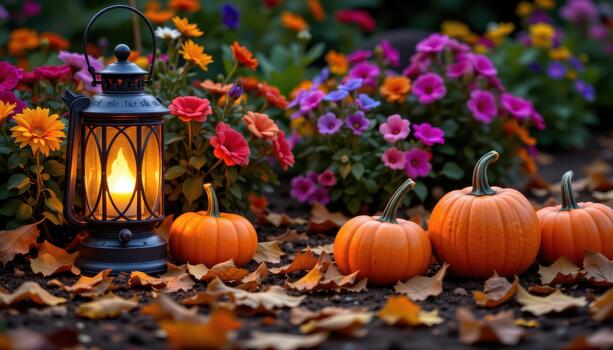 A glowing lantern highlights pumpkins on scattered leaves, with flowers in the garden around them adding vivid colors and soft textures to the evening scene. photo