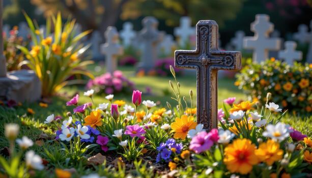 Flowers surround a simple cross in a quiet cemetery, morning light illuminating the stone and creating a reflective, tranquil mood. photo