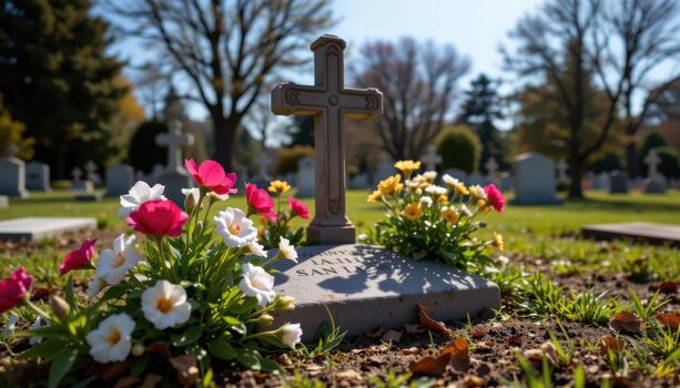 Flowers bloom around a cross in a cemetery, sunlight casting delicate shadows across the stone and ground below. photo