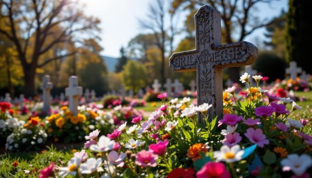 Flowers bloom in abundance around a cemetery cross, sunlight creating a warm glow and sense of serenity. photo