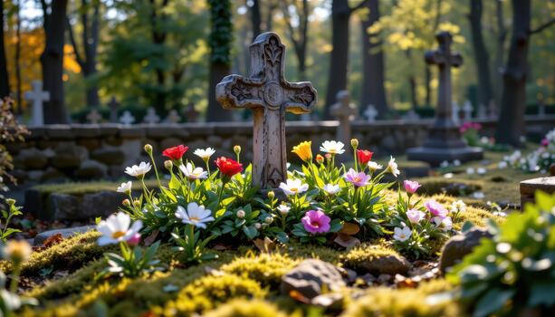 Flowers and moss surround a weathered cross in a cemetery, sunlight filtering softly through trees to illuminate the sacred space. photo