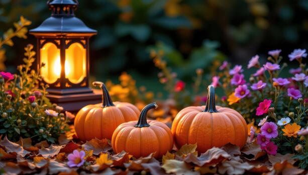 Pumpkins sit on autumn leaves under a flickering lantern glow, with surrounding flowers adding vivid colors and gentle textures. photo
