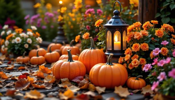 A glowing lantern lights up pumpkins on autumn leaves, surrounded by clusters of garden flowers adding charm and serenity to the scene. photo