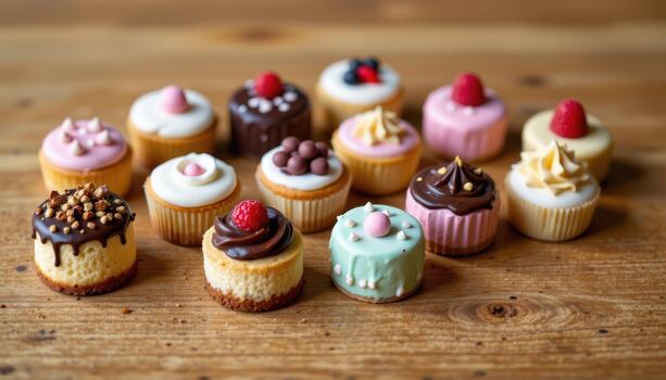 Tiny cakes, each with distinct icing patterns and flavor combinations, are arranged carefully on a textured wooden table surface. photo