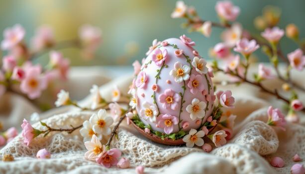A delicate pastel Easter egg adorned with small spring blooms, soft dreamy background, realistic textures, intricate. photo