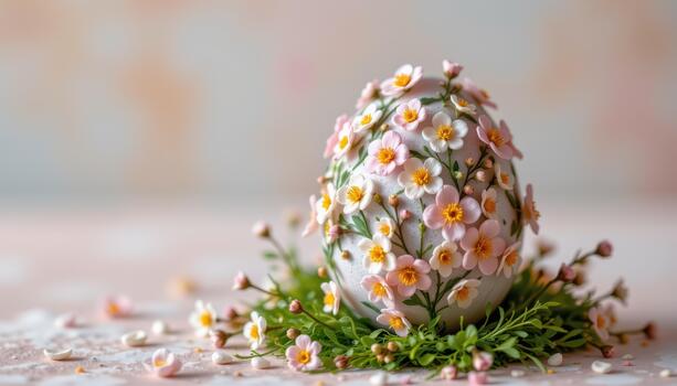 A delicate pastel Easter egg adorned with tiny spring blooms, soft gradient background, realistic textures, dreamy composition. photo