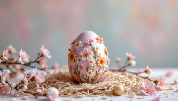 A delicate pastel Easter egg adorned with tiny spring flowers, soft gradient background, realistic textures, dreamy lighting. photo