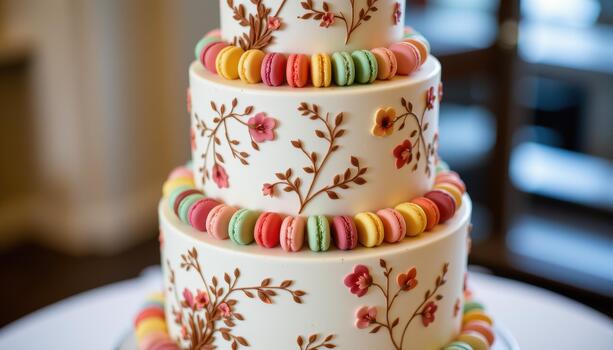 A wedding cake featuring delicate floral patterns and colorful macarons arranged along each tier, creating a sophisticated look. photo