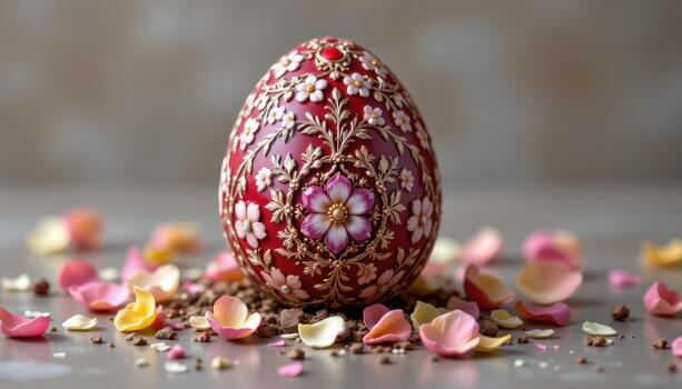 A large ornate Easter egg adorned with tiny floral patterns, scattered petals, reflective surface, realistic composition. photo
