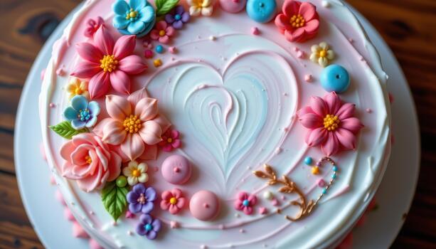 A circular cake with smooth pastel frosting, adorned with handcrafted flowers and macarons scattered artistically on top. photo