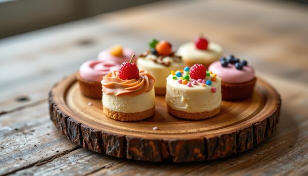 Tiny cakes, each featuring distinct icing patterns and vibrant toppings, are placed carefully on a rustic wooden plate in soft lighting. photo