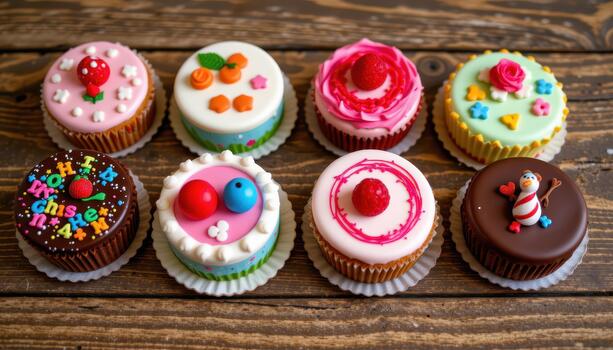 Multiple small cakes with vibrant decorations and creative frosting patterns are positioned elegantly on a rustic wooden table. photo