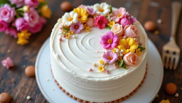 A round cake with smooth buttercream, miniature sugar flowers, and macarons positioned carefully for a charming appearance. photo