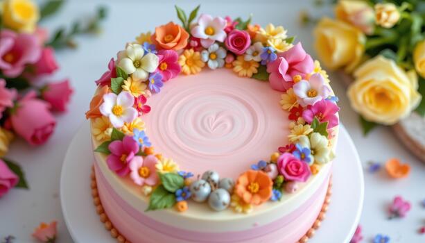 A circular cake with pastel frosting, tiny edible flowers, and macarons arranged symmetrically to create visual harmony. photo