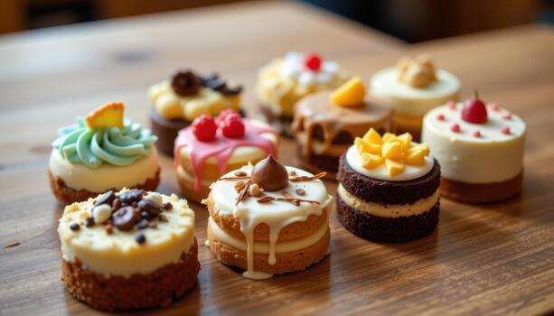 Small cakes, each with detailed frosting patterns and assorted toppings, are displayed on a smooth wooden surface in warm ambient light. photo