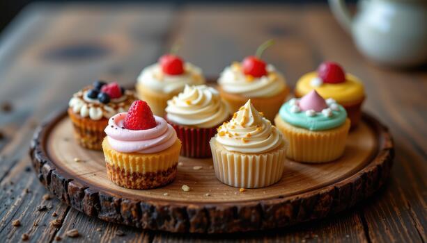 Tiny cakes with artistic frosting patterns and unique flavors rest carefully on a rustic wooden plate under soft ambient lighting. photo