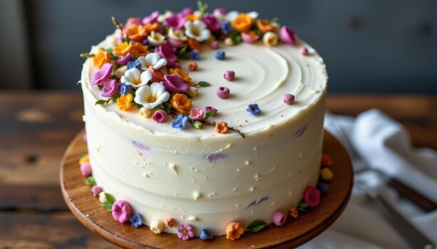 A sophisticated buttercream cake decorated with tiny edible flowers and macarons, arranged in a natural flowing pattern across the surface. photo