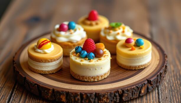 Several miniature cakes with intricate frosting patterns and colorful toppings are positioned elegantly on a rustic wooden plate. photo