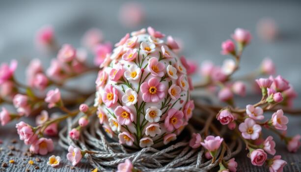 A delicate pastel Easter egg covered in small spring blooms, soft blurred background, realistic textures, intricate design. photo