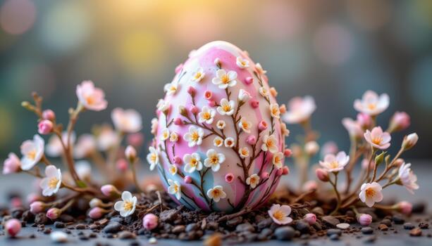 A whimsical Easter egg adorned with tiny spring blossoms, soft pastel gradient, dreamy light reflections, realistic textures. photo