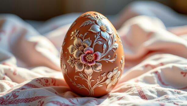 A glossy Easter egg with embossed floral patterns, subtle reflections, warm sunlight, realistic detailed textures, intricate. photo