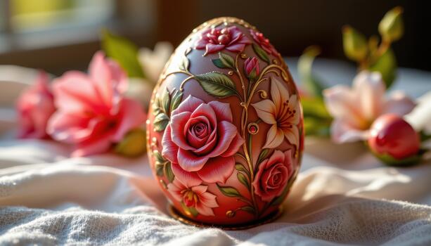 A glossy Easter egg with embossed roses and lily patterns, subtle reflections, warm sunlight, high resolution textures. photo