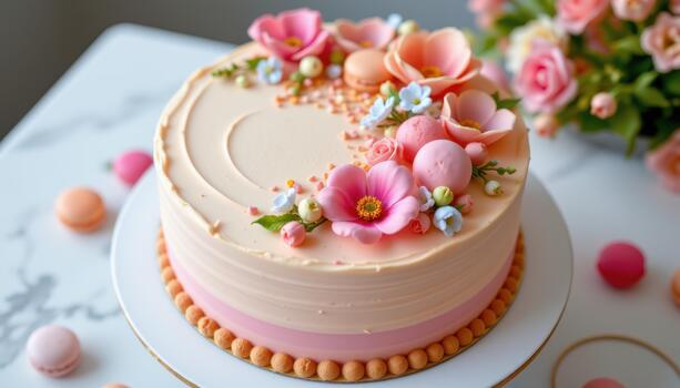 A luxurious round cake with smooth pastel buttercream, delicate sugar flowers, and macarons arranged symmetrically for charm. photo