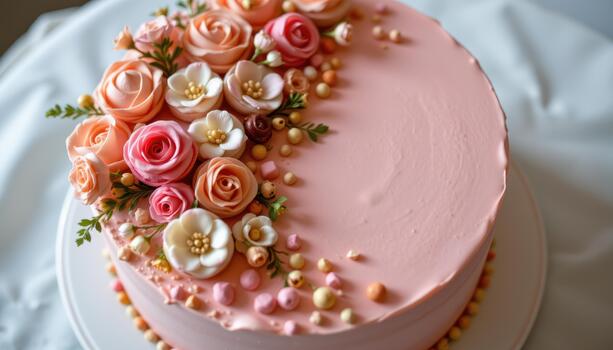 A circular cake with soft blush tones, small sugar flowers, and macarons arranged in clusters for a refined aesthetic. photo