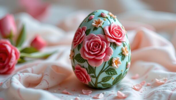 A glossy pastel Easter egg with embossed roses and tulips, soft glowing light, realistic textures, detailed floral patterns. photo