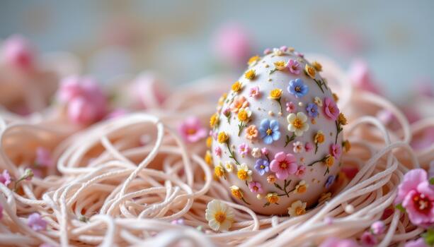 A delicate pastel Easter egg covered with tiny wildflowers, soft dreamy background, intricate textures, realistic close up. photo