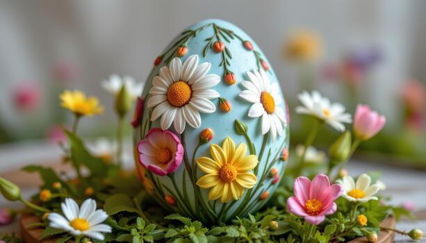 A hand painted ceramic Easter egg with daisies, tulips, and tiny buds, soft glowing light, intricate textures, realistic. photo