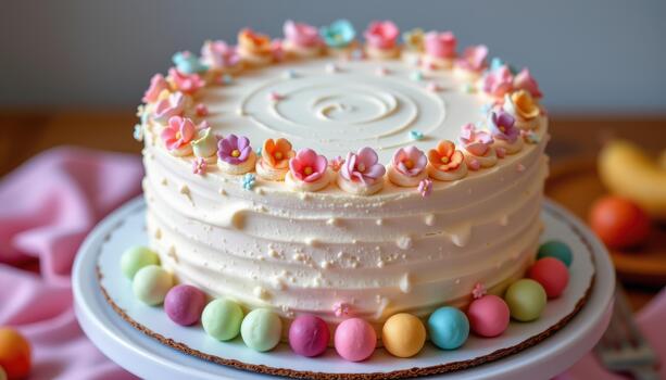 A pastel buttercream cake topped with small handmade flowers and macarons in complementary colors along the surface. photo