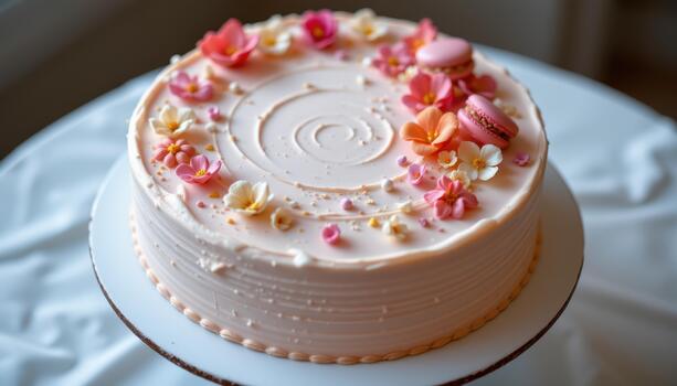 A round cake featuring smooth buttercream, tiny sugar flowers, and macarons placed evenly in elegant patterns. photo