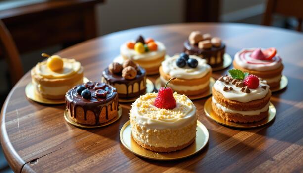 Several small cakes with elaborate frosting patterns and diverse toppings rest neatly on a polished wooden table in daylight. photo