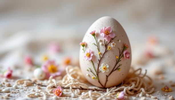 A delicate pastel Easter egg with tiny wildflowers, soft blurred background, intricate textures, dreamy spring composition. photo