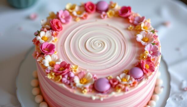 A circular cake with soft gradient frosting, tiny handcrafted flowers, and macarons arranged evenly for a balanced look. photo