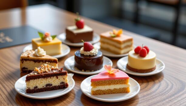 Multiple small cakes, each featuring distinct flavors and artistic decorations, are arranged on a polished wooden table in daylight. photo