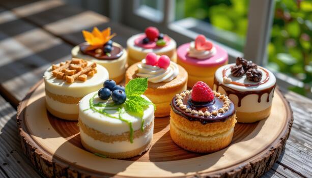 Small cakes with elaborate frosting designs and unique toppings are arranged neatly on a rustic wooden plate under sunlight. photo