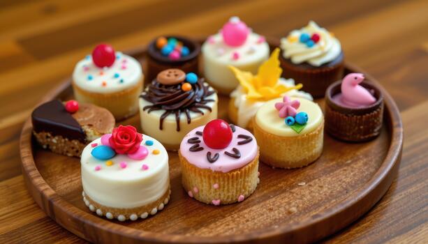 Several small cakes with creative icing patterns and colorful toppings rest carefully on a smooth wooden plate for aesthetic display. photo
